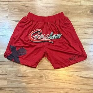 Red Mesh Athletic Shorts with Crenshaw Script
